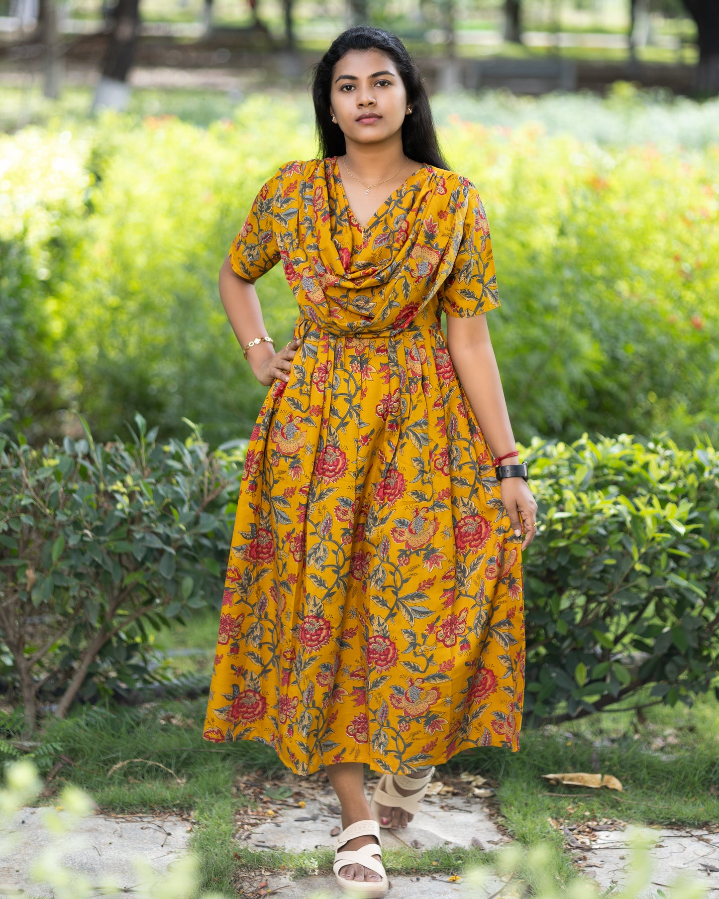Feeding Maxi Style Nighty with Dupatta attached - Mustard yellow