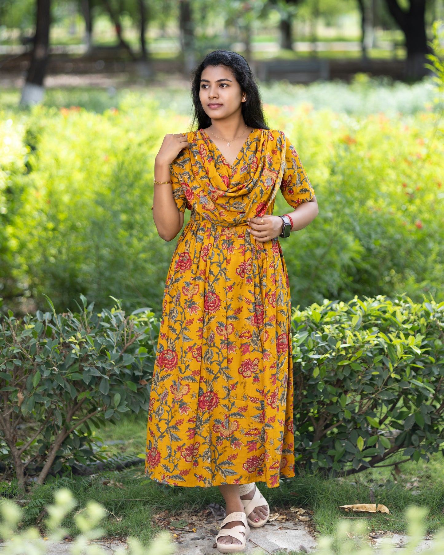 Feeding Maxi Style Nighty with Dupatta attached - Mustard yellow