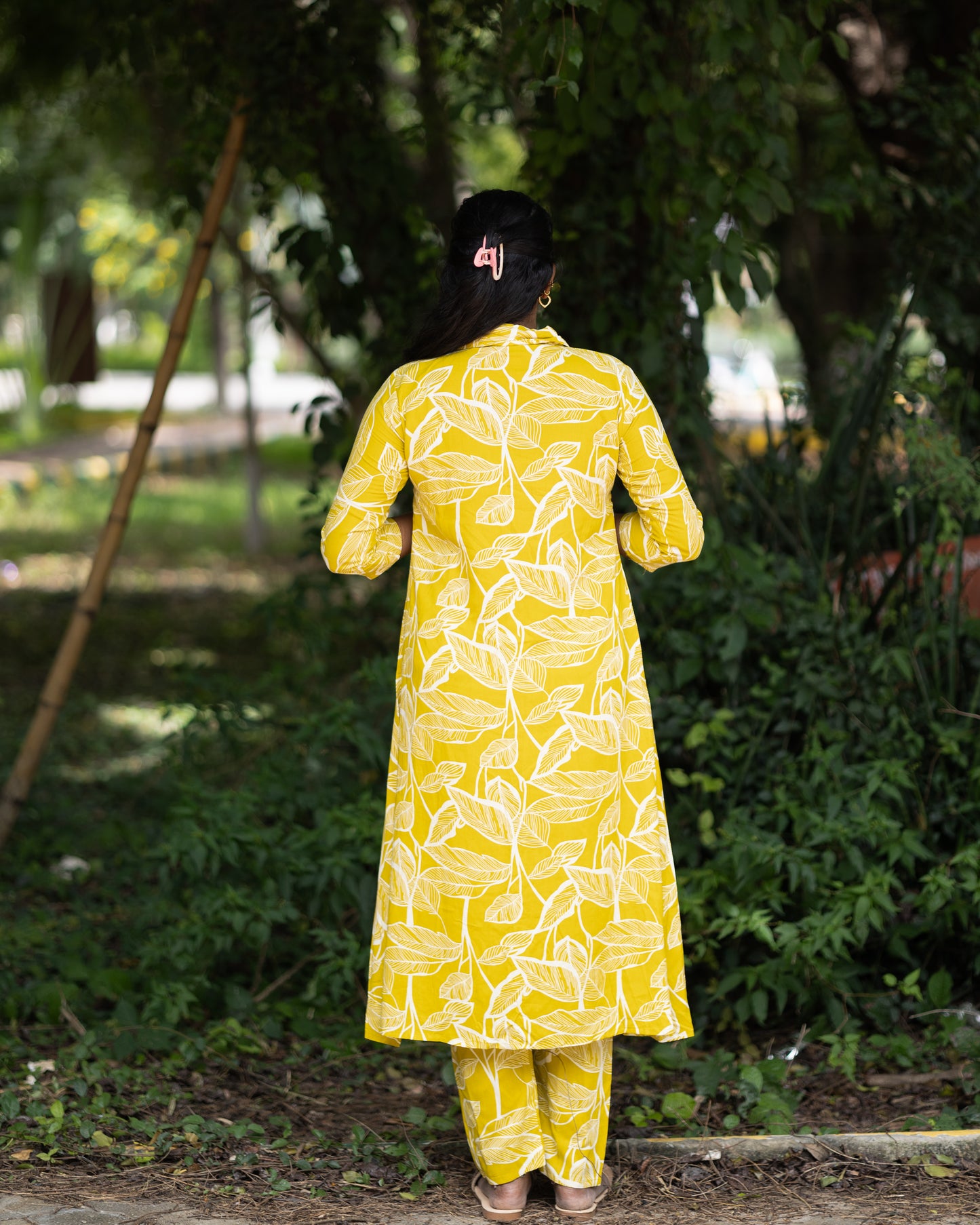 Women's Jaipuri Leaf Print Yellow Cotton Co-Ord Set | Front Button Long Kurta with Pant | Casual Ethnic Wear Set