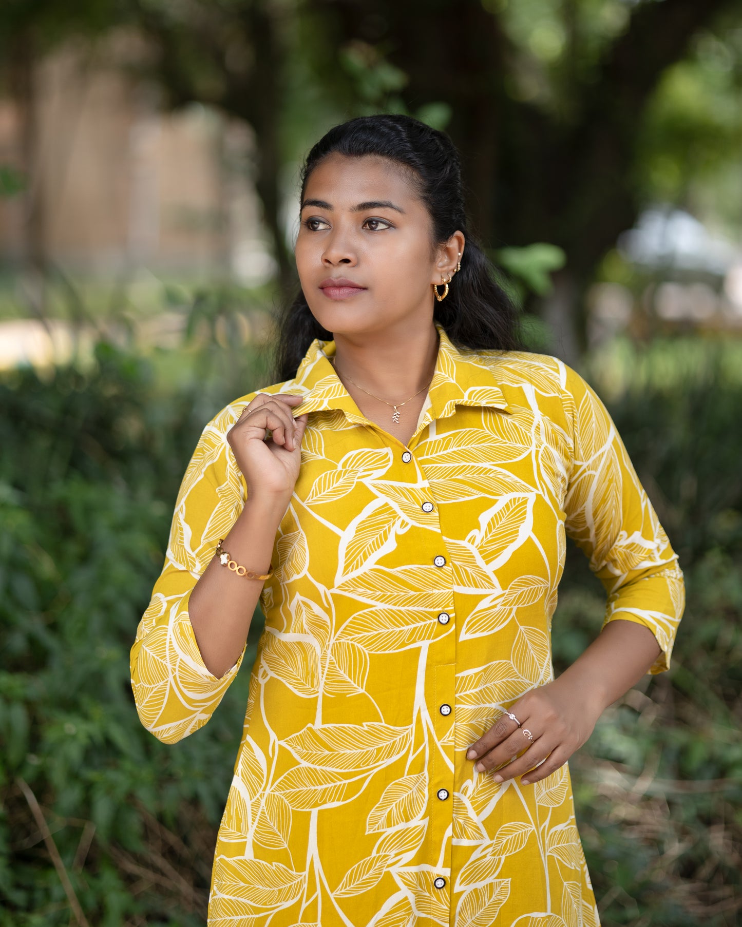 Women's Jaipuri Leaf Print Yellow Cotton Co-Ord Set | Front Button Long Kurta with Pant | Casual Ethnic Wear Set