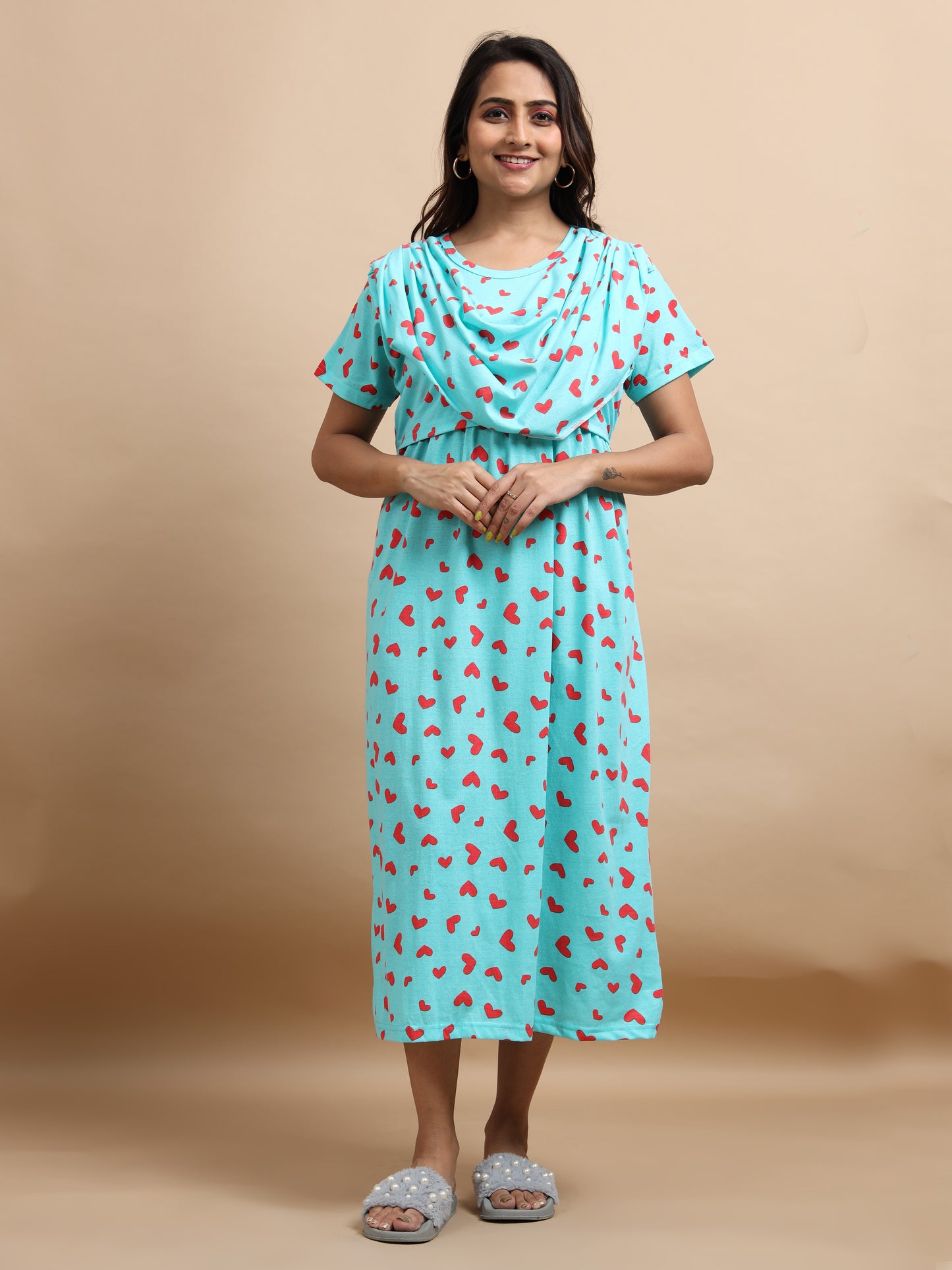 Zipless Feeding Maternity Gown with Attached Dupatta | Heart Print | Sky Blue & Red