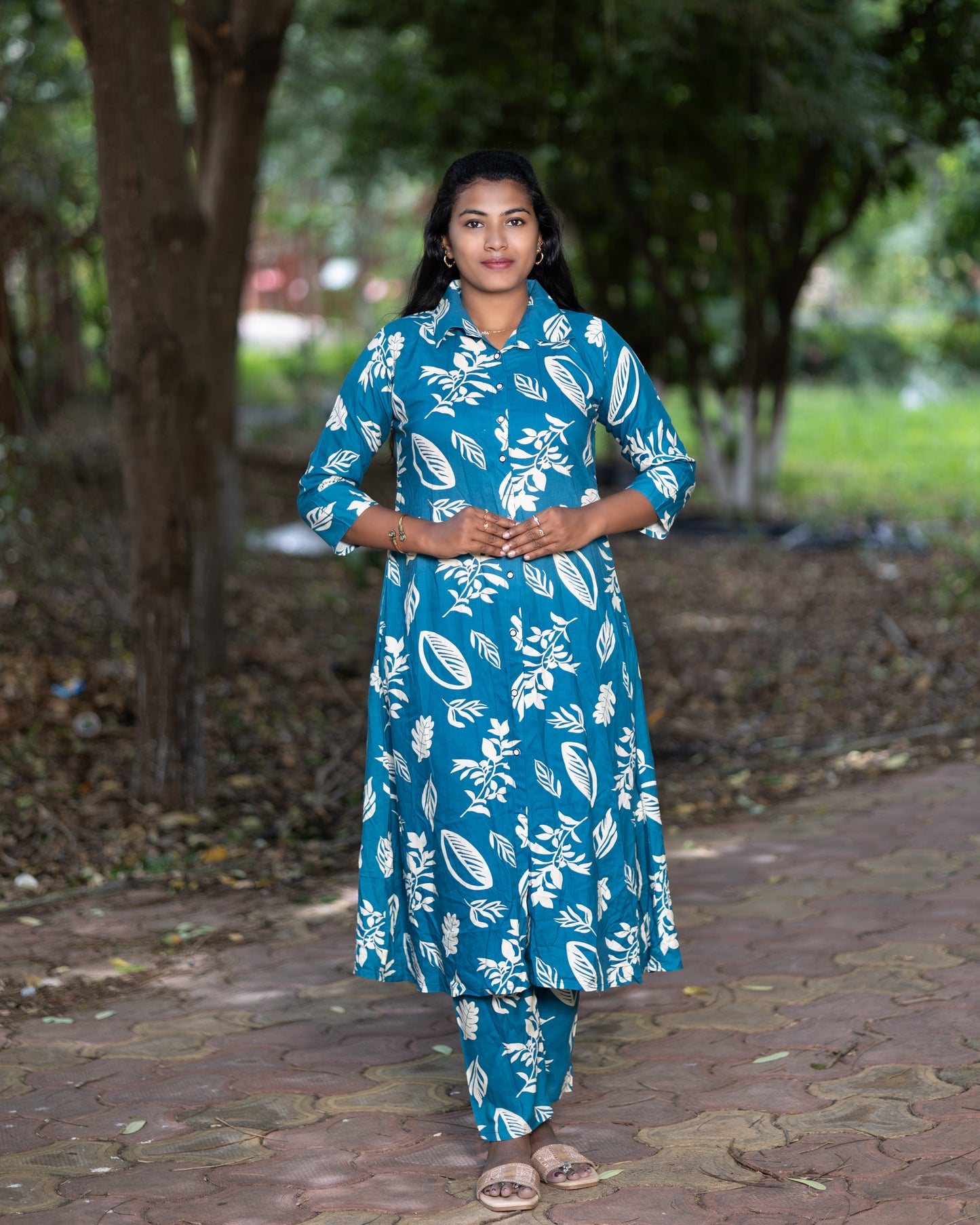 Women's Jaipuri Leaf Print Cotton Co-Ord Set | Blue Long Kurta with Matching Pant | Elegant Ethnic Co-Ord Set
