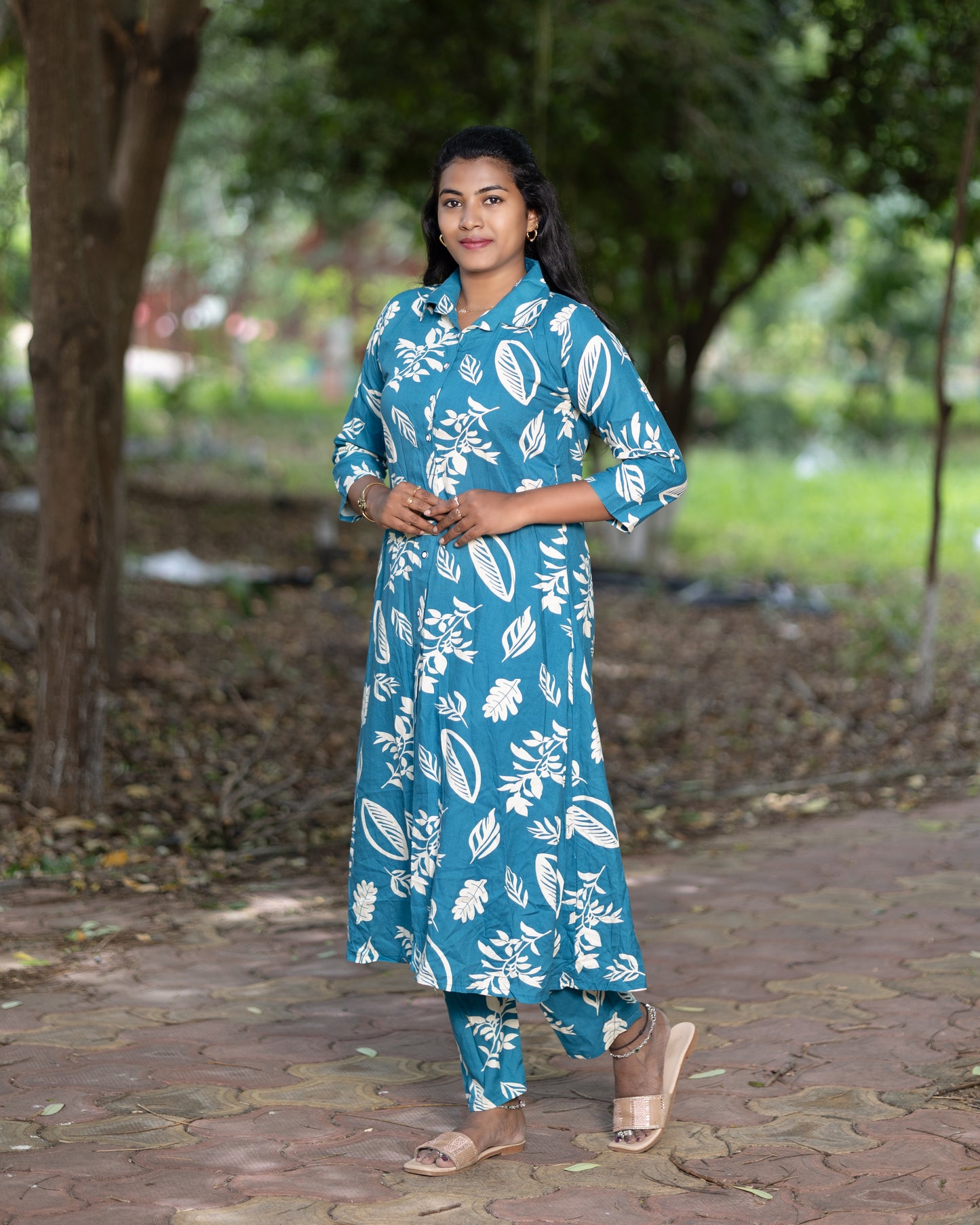 Women's Jaipuri Leaf Print Cotton Co-Ord Set | Blue Long Kurta with Matching Pant | Elegant Ethnic Co-Ord Set