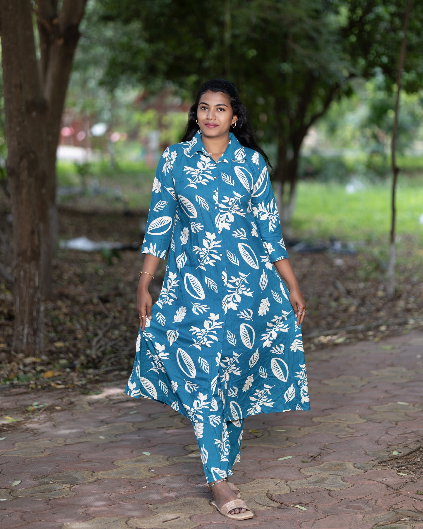 Women's Jaipuri Leaf Print Cotton Co-Ord Set | Blue Long Kurta with Matching Pant | Elegant Ethnic Co-Ord Set
