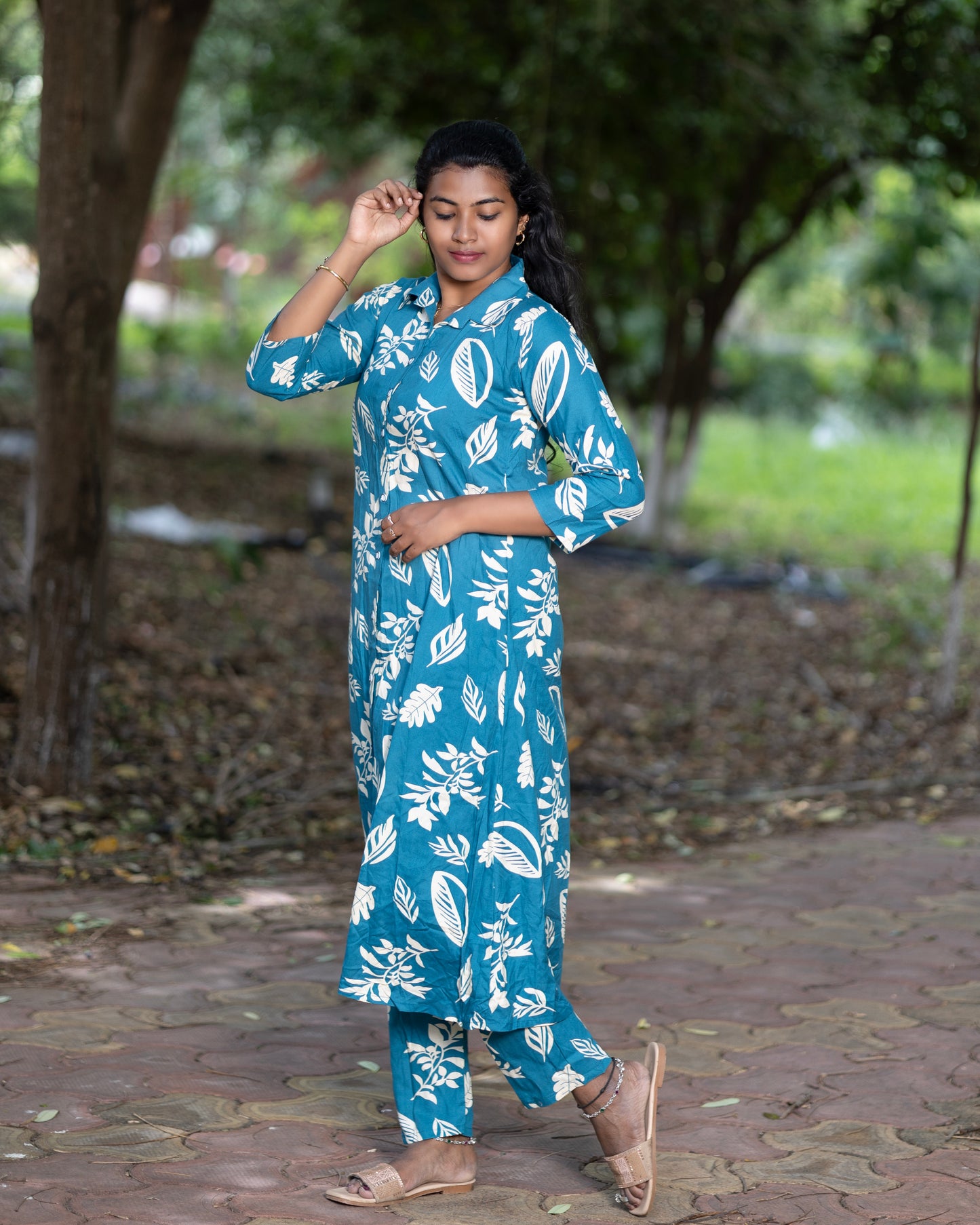 Women's Jaipuri Leaf Print Cotton Co-Ord Set | Blue Long Kurta with Matching Pant | Elegant Ethnic Co-Ord Set