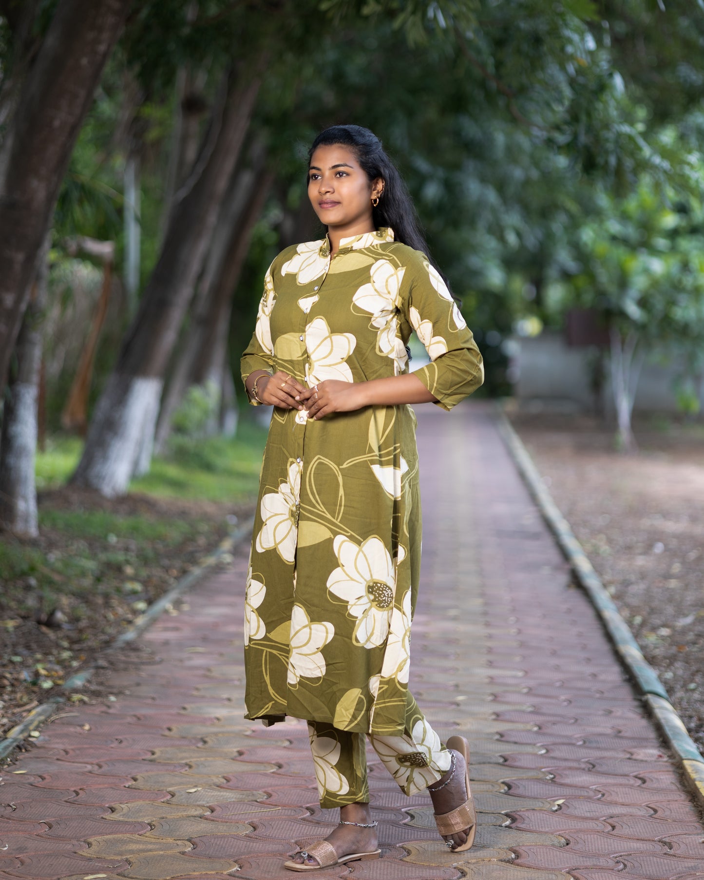 Women's Jaipuri Floral Print Cotton Co-Ord Set | Front Button Long Kurta with Pant | Stylish Ethnic Set