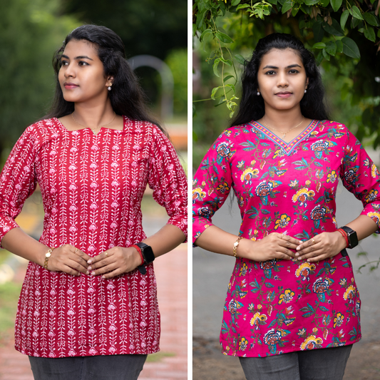 Short Kurti with 3/4th Sleeves & Comfort Fit (Deep Red & Red)