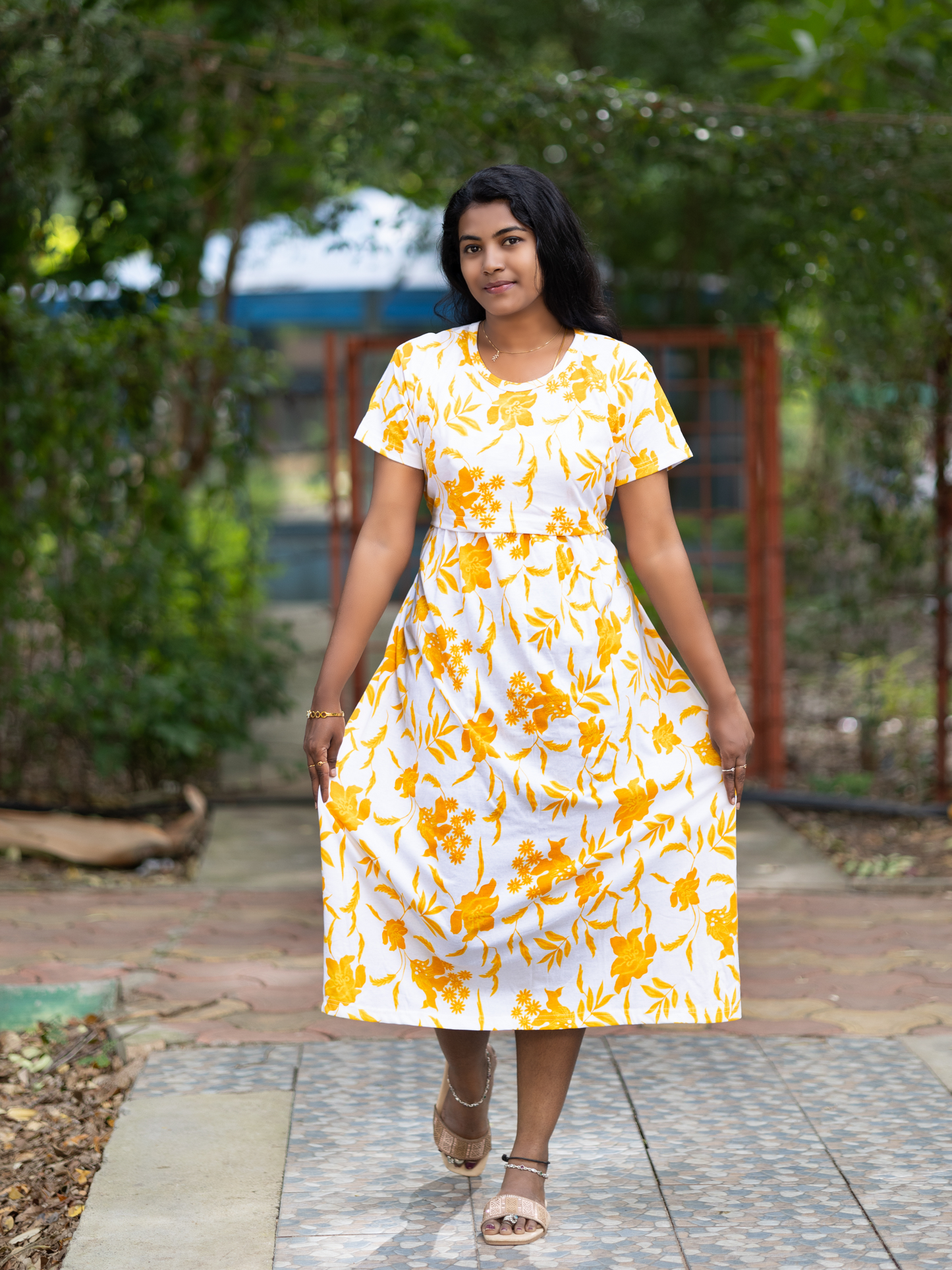 Zipless Feeding & Maternity Dress for Women - Floral Yellow Pure Cotton