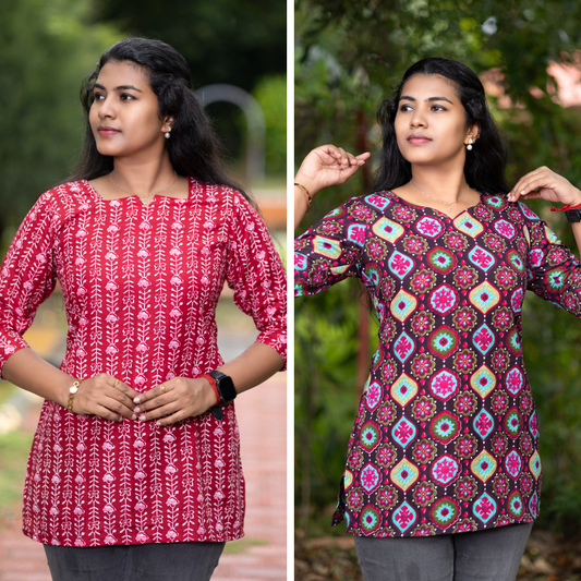 Short Kurti with 3/4th Sleeves & Comfort Fit (Deep Red & Brown)