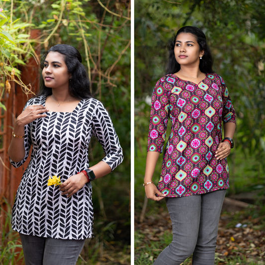 Short Kurti with 3/4th Sleeves & Comfort Fit (White & Brown)