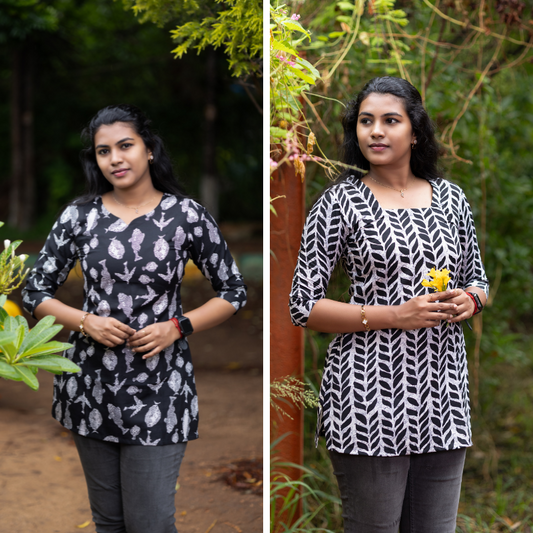 Short Kurti with 3/4th Sleeves & Comfort Fit (Black & White)