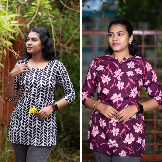 Short Kurti with 3/4th Sleeves & Comfort Fit (White & Wine)