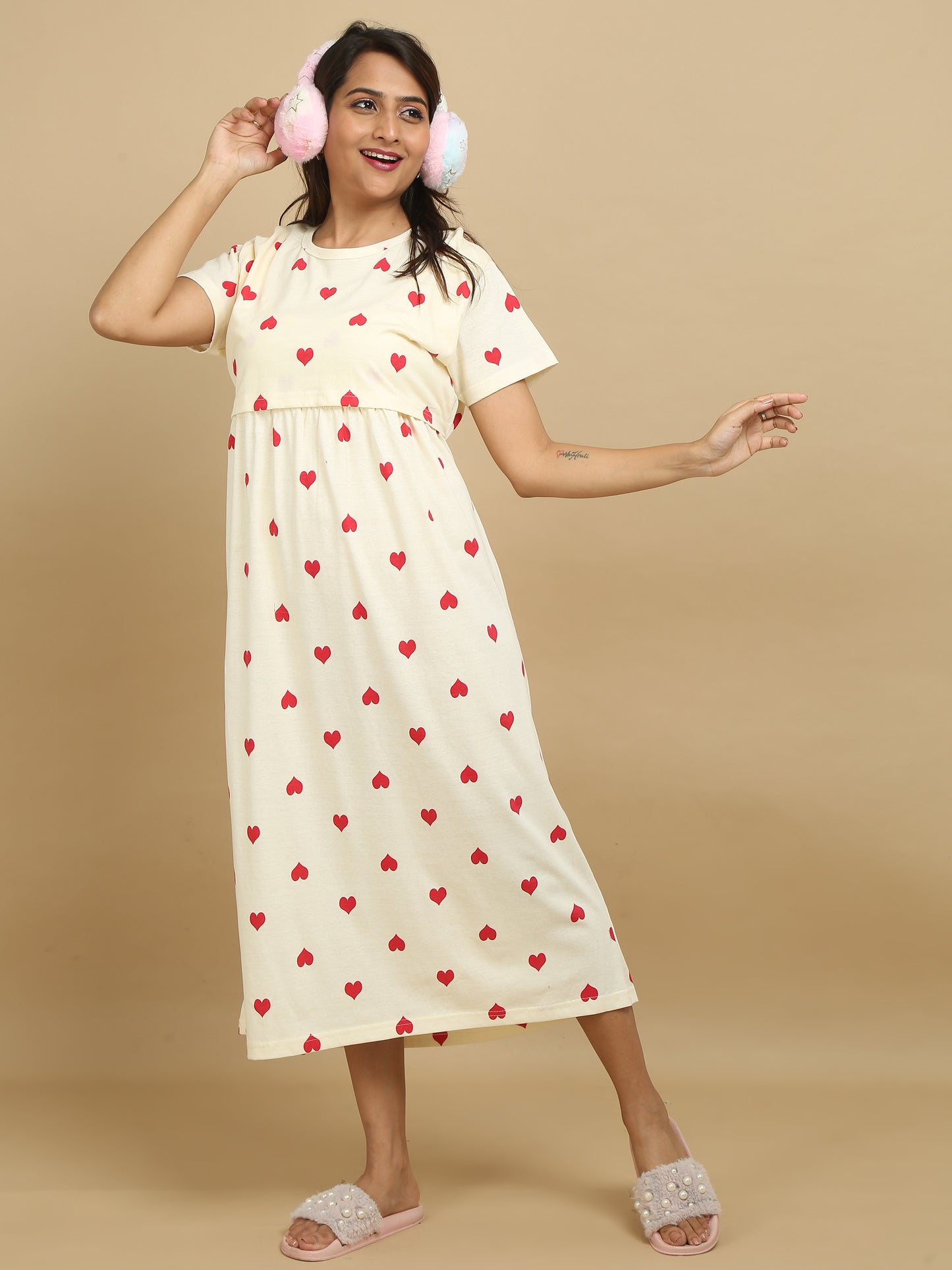 Zipless Feeding Maternity Dress - Cream & Red - Heart Print