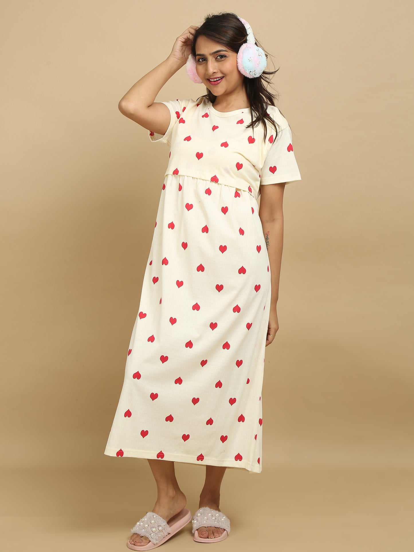 Zipless Feeding Maternity Dress - Cream & Red - Heart Print