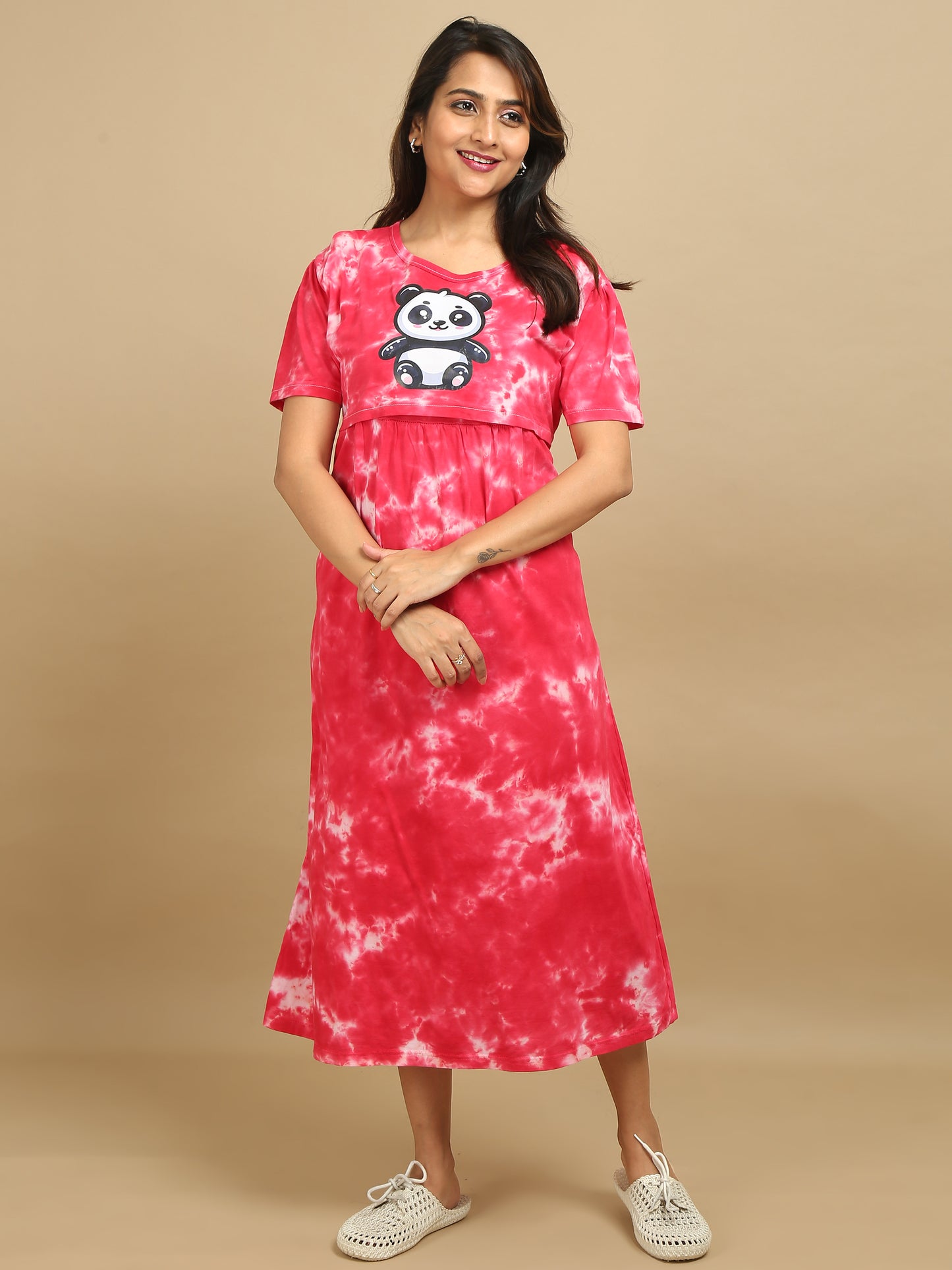 Red Tie-Dye Panda Print Maternity Dress – Zipless Nursing Access & Soft Cotton Comfort