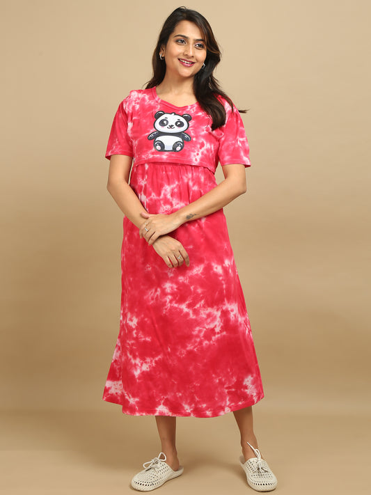 Zipless Feeding Maternity Dress - Red Tie & Dye - Panda Print
