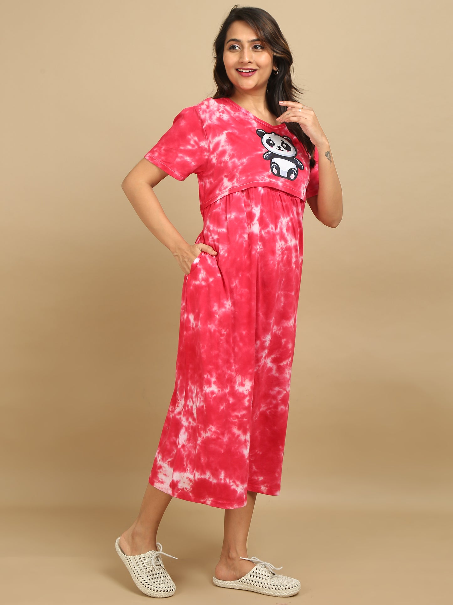 Zipless Feeding Maternity Dress - Red Tie & Dye - Panda Print