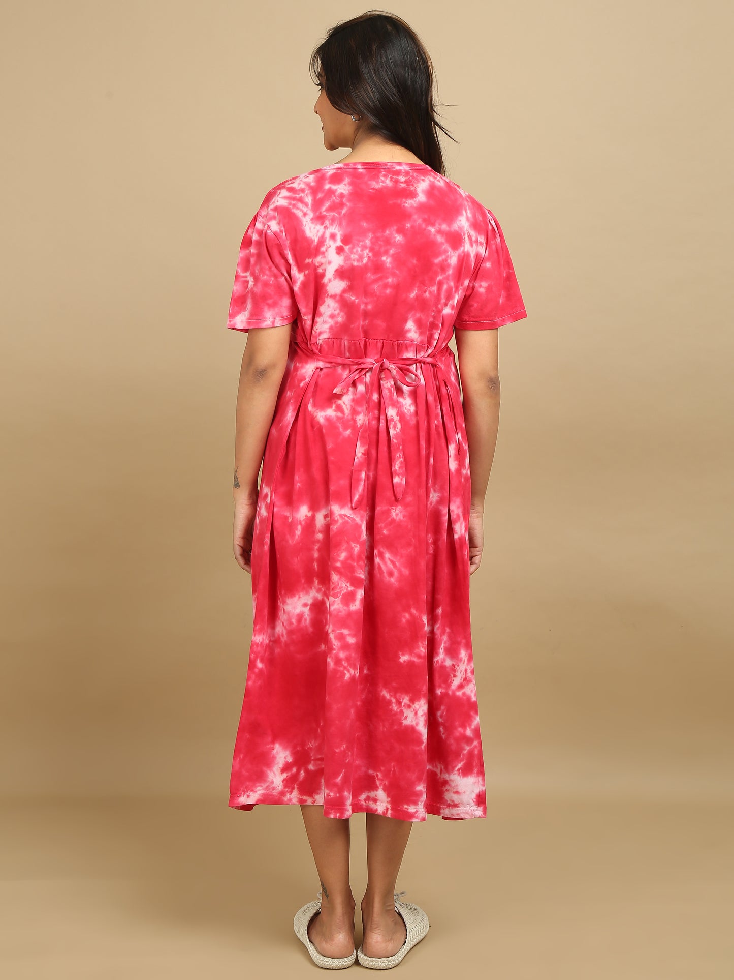 Zipless Feeding Maternity Dress - Red Tie & Dye - Panda Print