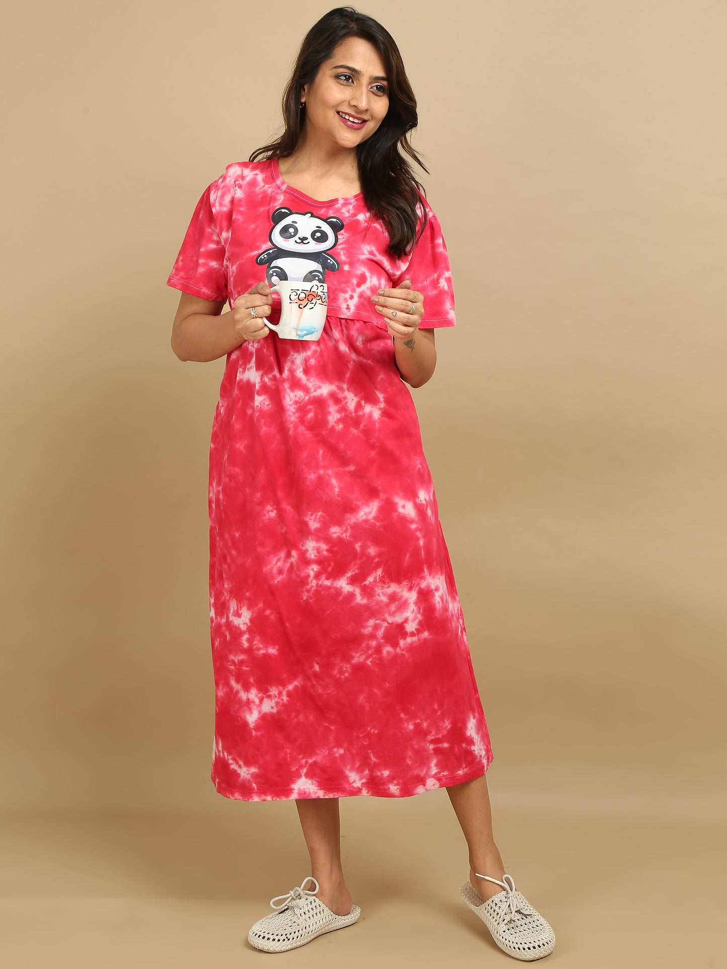 Zipless Feeding Maternity Dress - Red Tie & Dye - Panda Print