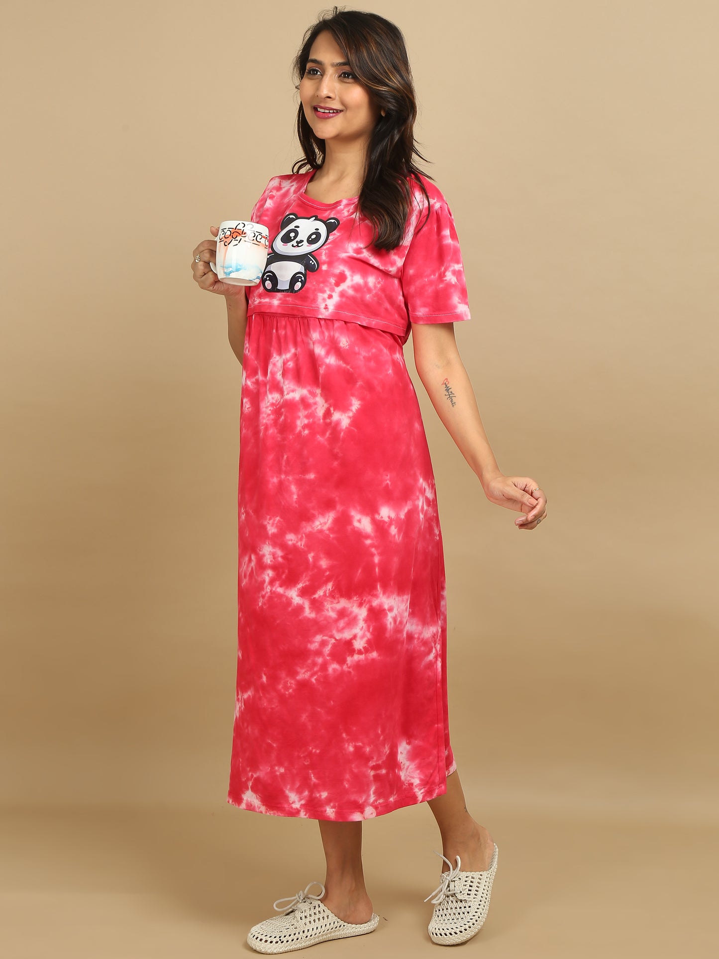 Zipless Feeding Maternity Dress - Red Tie & Dye - Panda Print