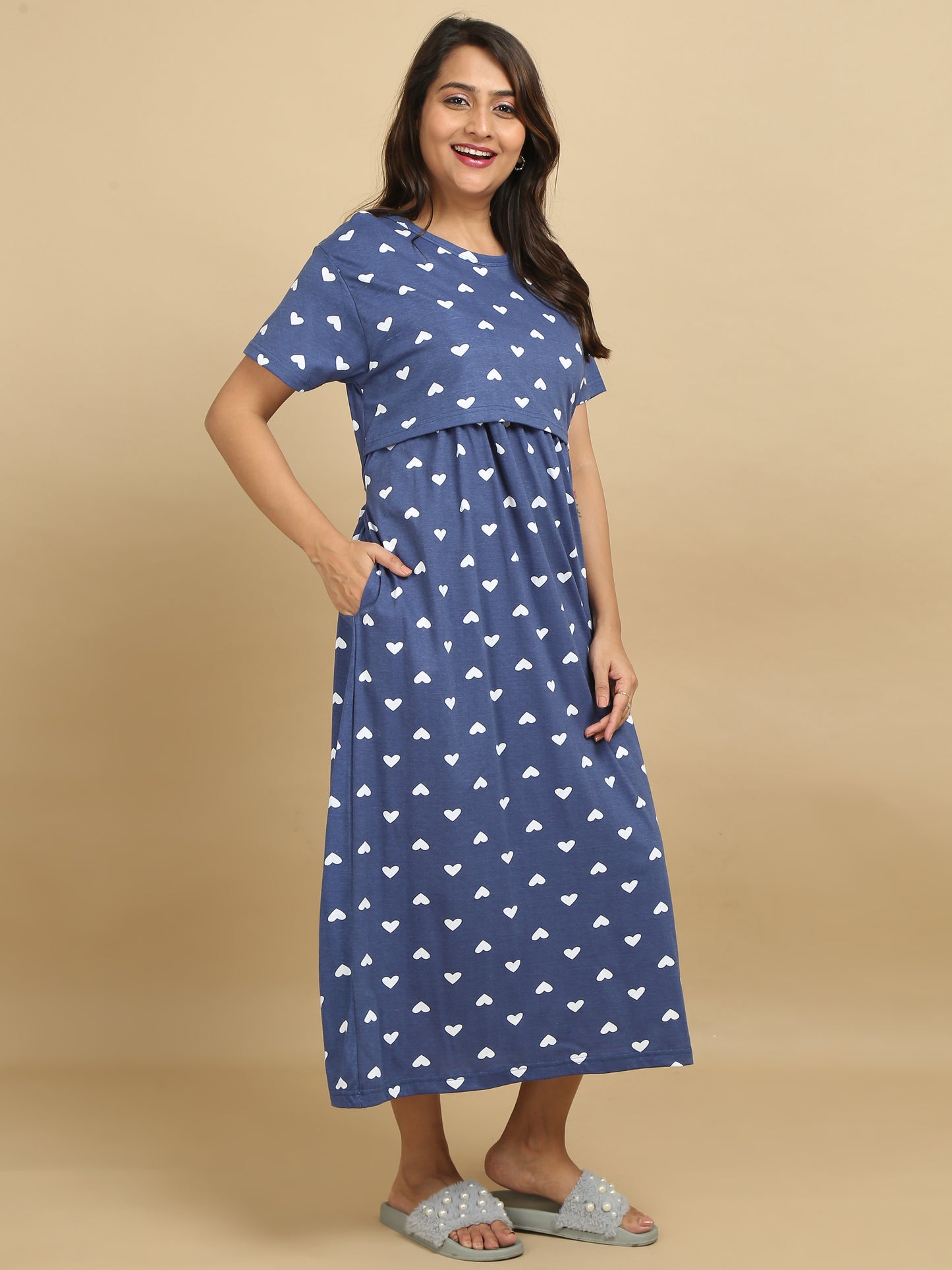 Zipless Feeding Maternity Dress Navy Blue - Heart Print