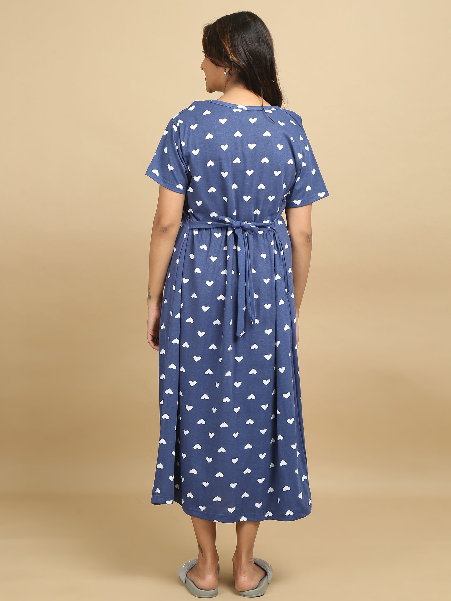 Zipless Feeding Maternity Dress Navy Blue - Heart Print