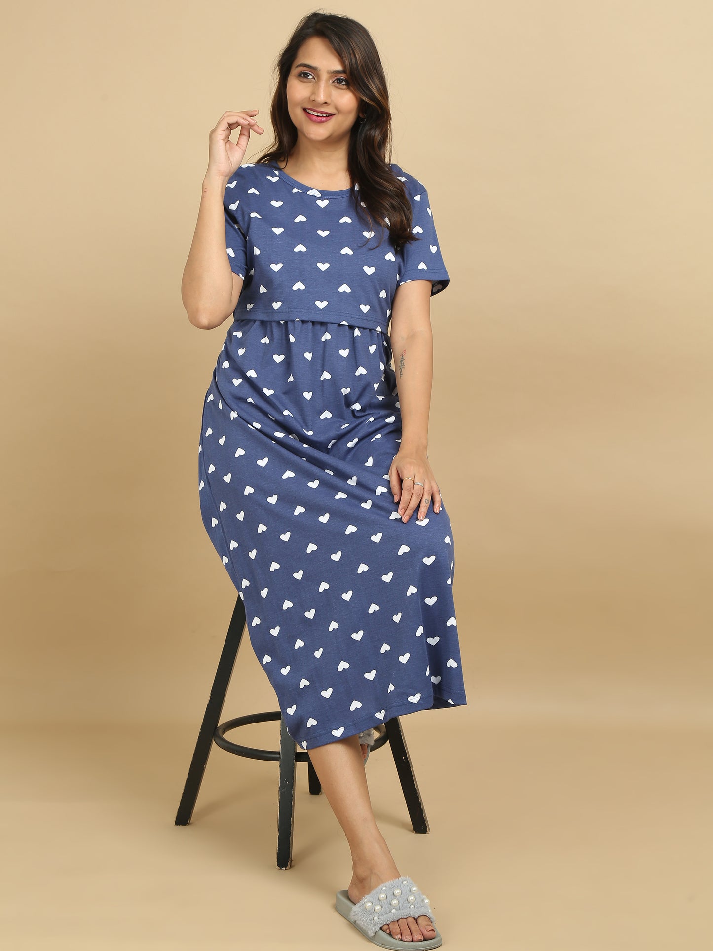 Zipless Feeding Maternity Dress Navy Blue - Heart Print