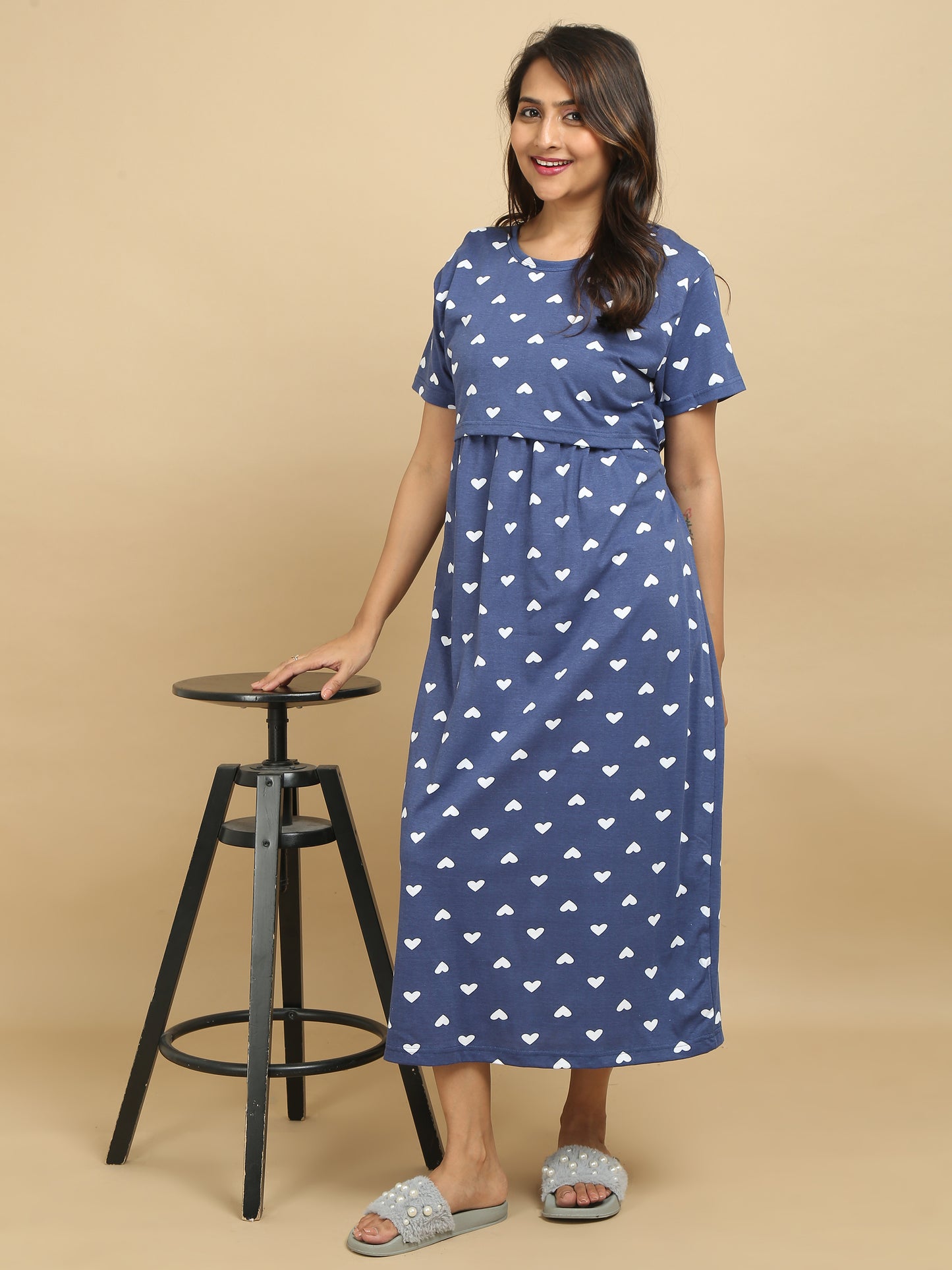 Zipless Feeding Maternity Dress Navy Blue - Heart Print