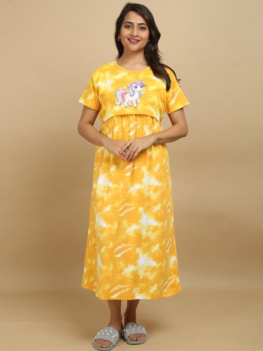 Zipless Feeding Maternity Dress - Yellow Tie - Dye Unicorn Print