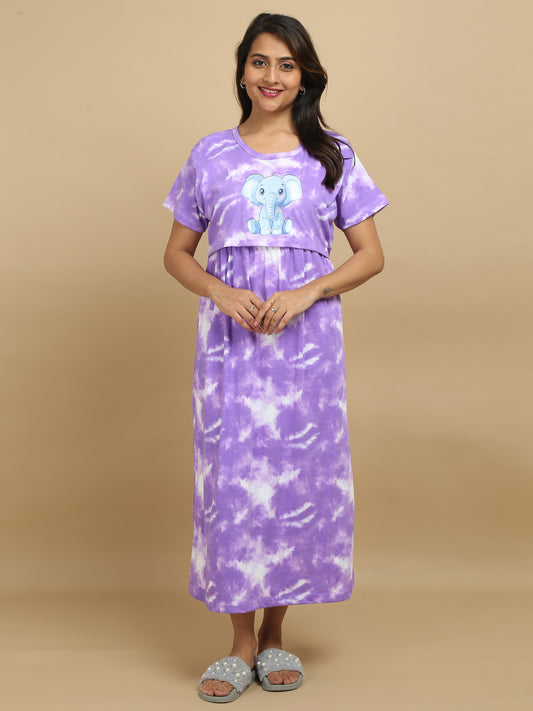Zipless Feeding Maternity Dress with Elephant Print - Tie & Dye – Purple