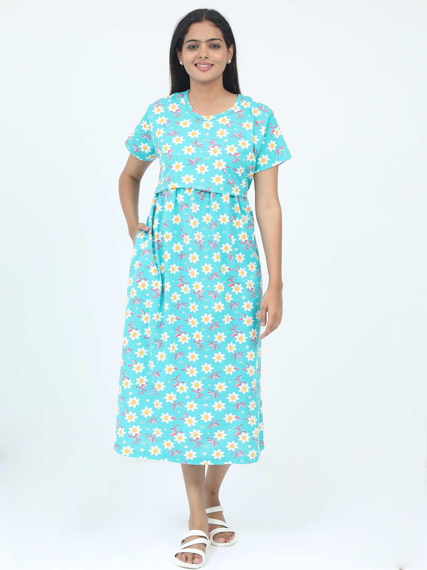 Zipless Feeding Maternity Dress with Attached Layer - Soft Cotton Nighty Style