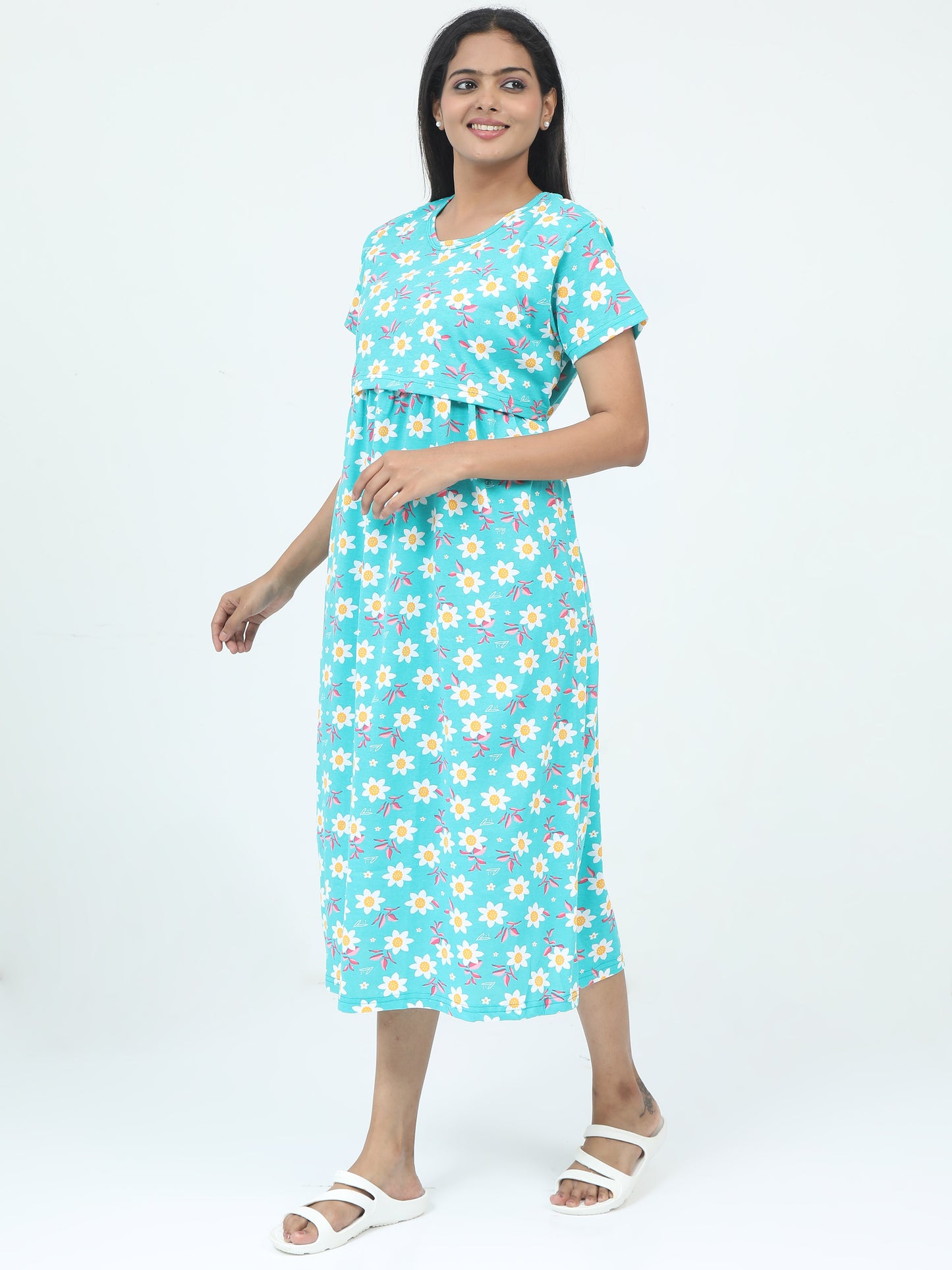 Zipless Feeding Maternity Dress with Attached Layer - Soft Cotton Nighty Style