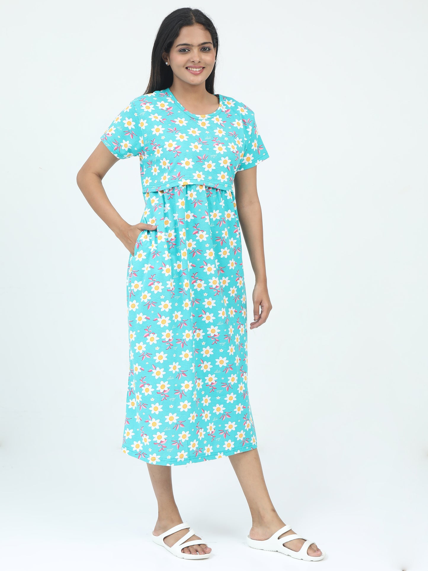 Zipless Feeding Maternity Dress with Attached Layer - Soft Cotton Nighty Style