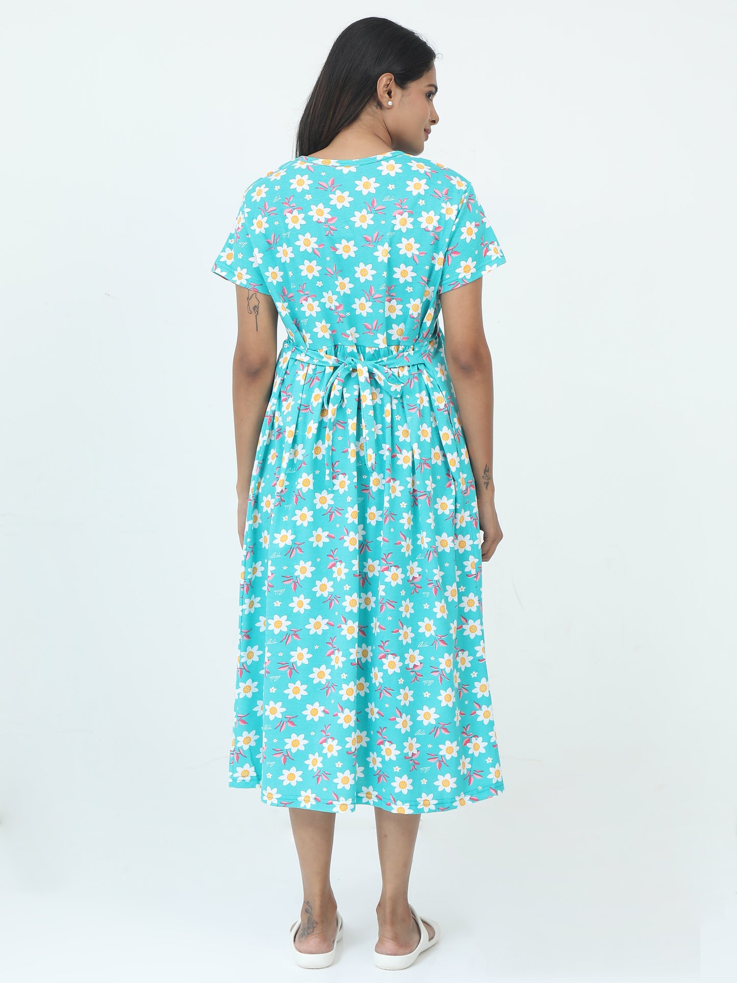 Zipless Feeding Maternity Dress with Attached Layer - Soft Cotton Nighty Style