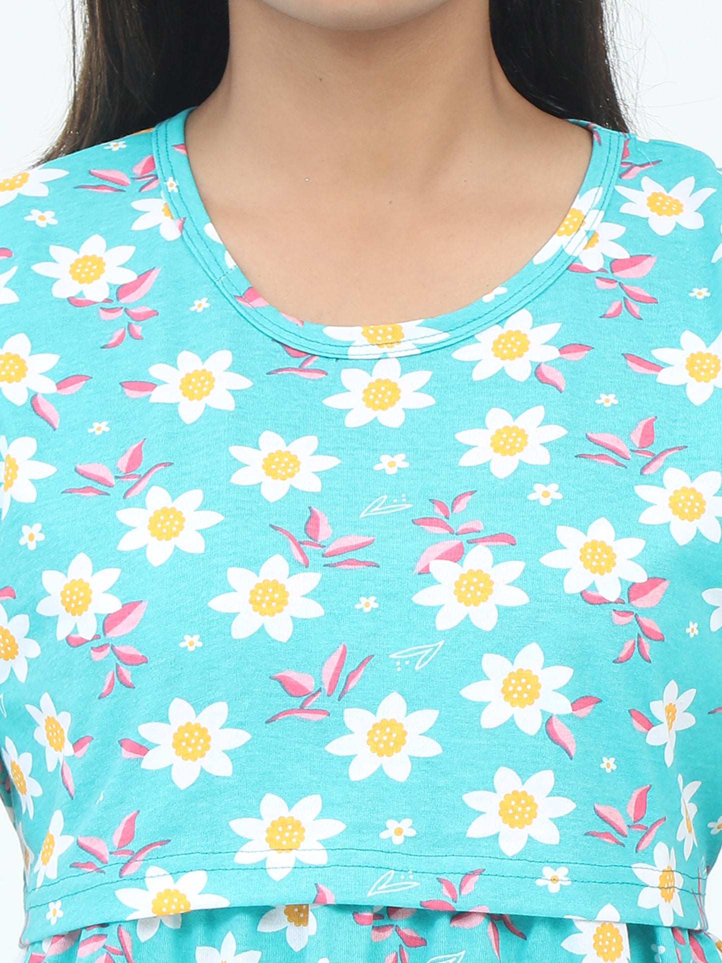 Zipless Feeding Maternity Dress with Attached Layer - Soft Cotton Nighty Style