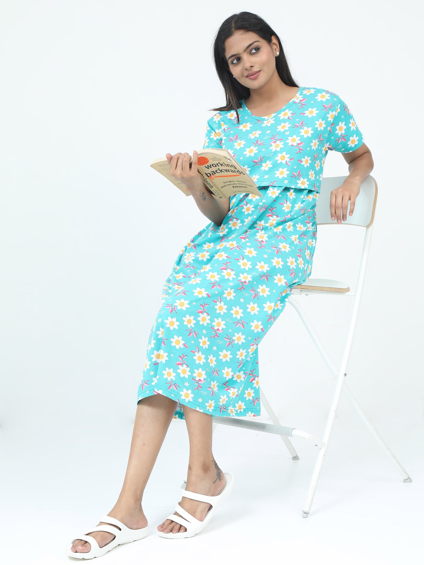 Zipless Feeding Maternity Dress with Attached Layer - Soft Cotton Nighty Style