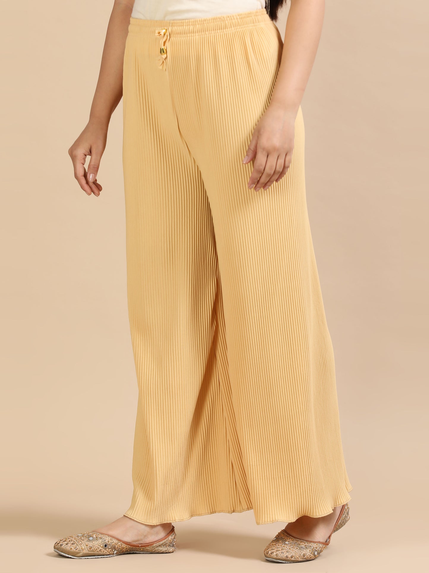 Women’s Beige Pleated Wide-Leg Palazzo Pants with Drawstring Waist