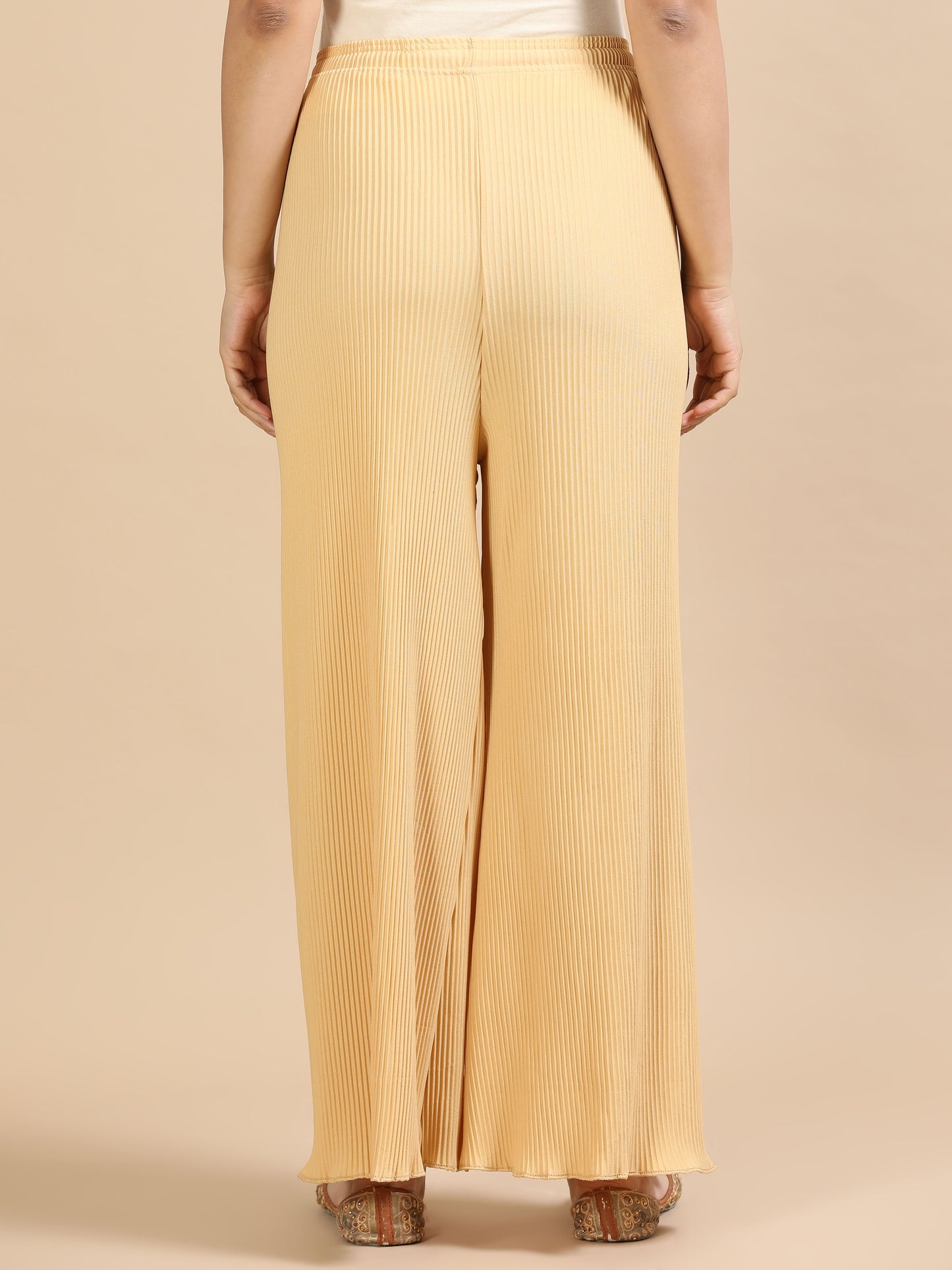 Women’s Beige Pleated Wide-Leg Palazzo Pants with Drawstring Waist
