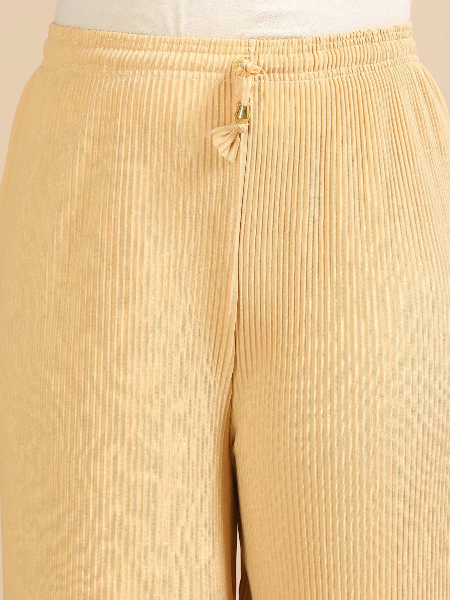 Women’s Beige Pleated Wide-Leg Palazzo Pants with Drawstring Waist