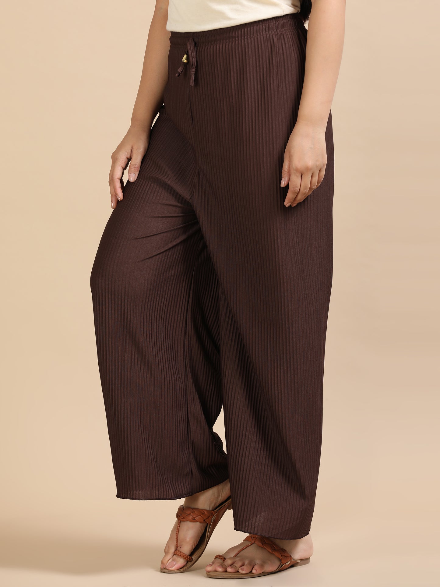 Women’s Solid Brown Pleated Wide-Leg Palazzo Pants with Elastic Waistband
