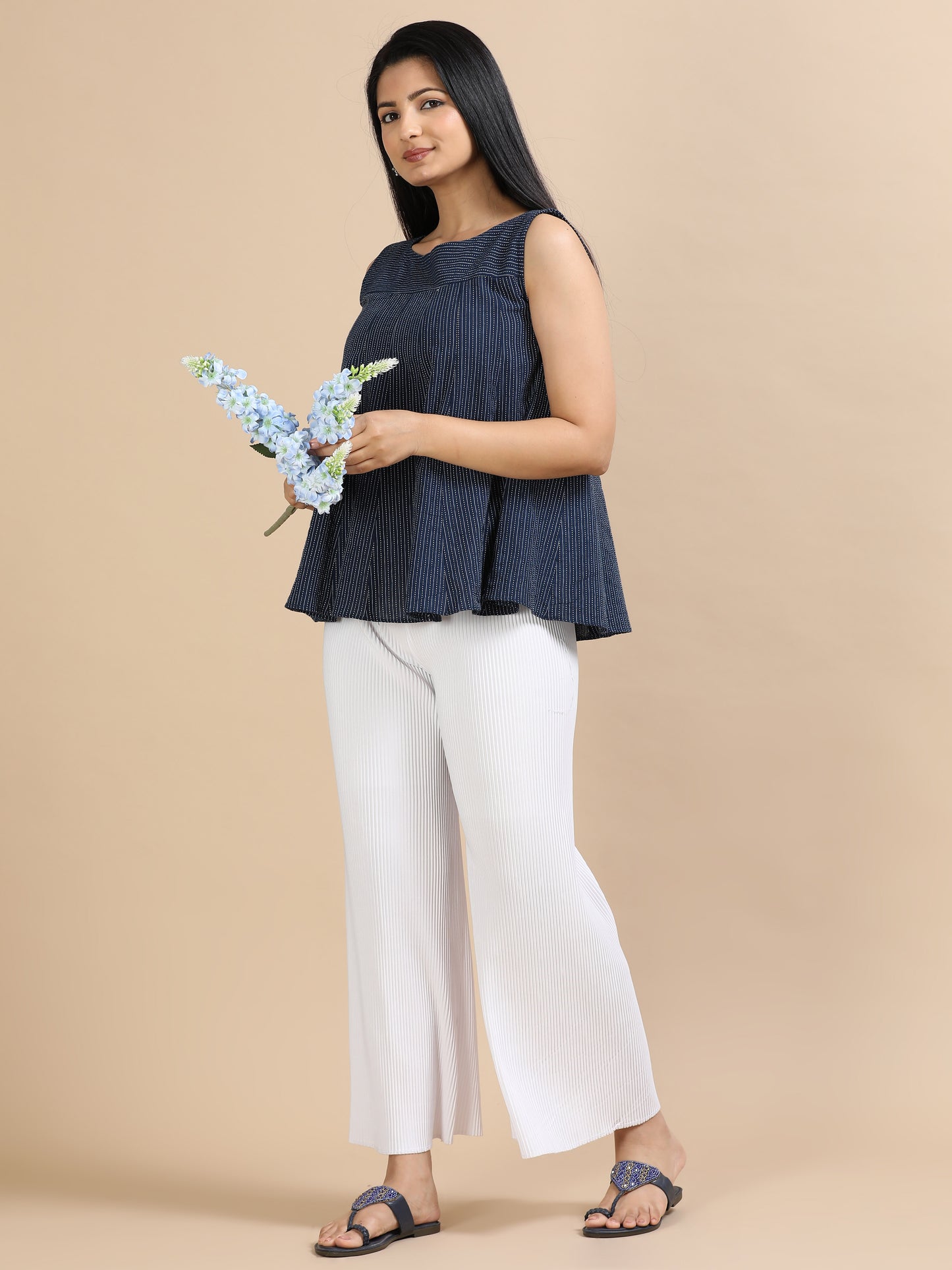 Women’s White Pleated Wide-Leg Palazzo Pants with Drawstring Waist