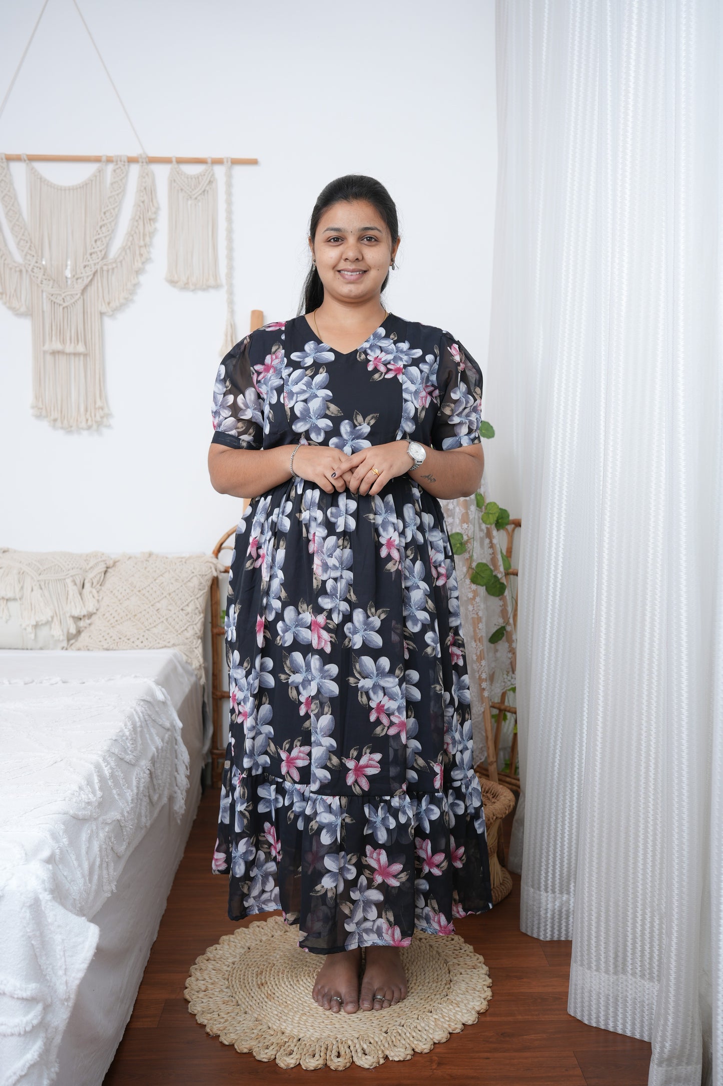 Georgette Feeding Dress with Hidden Zips – Black Floral