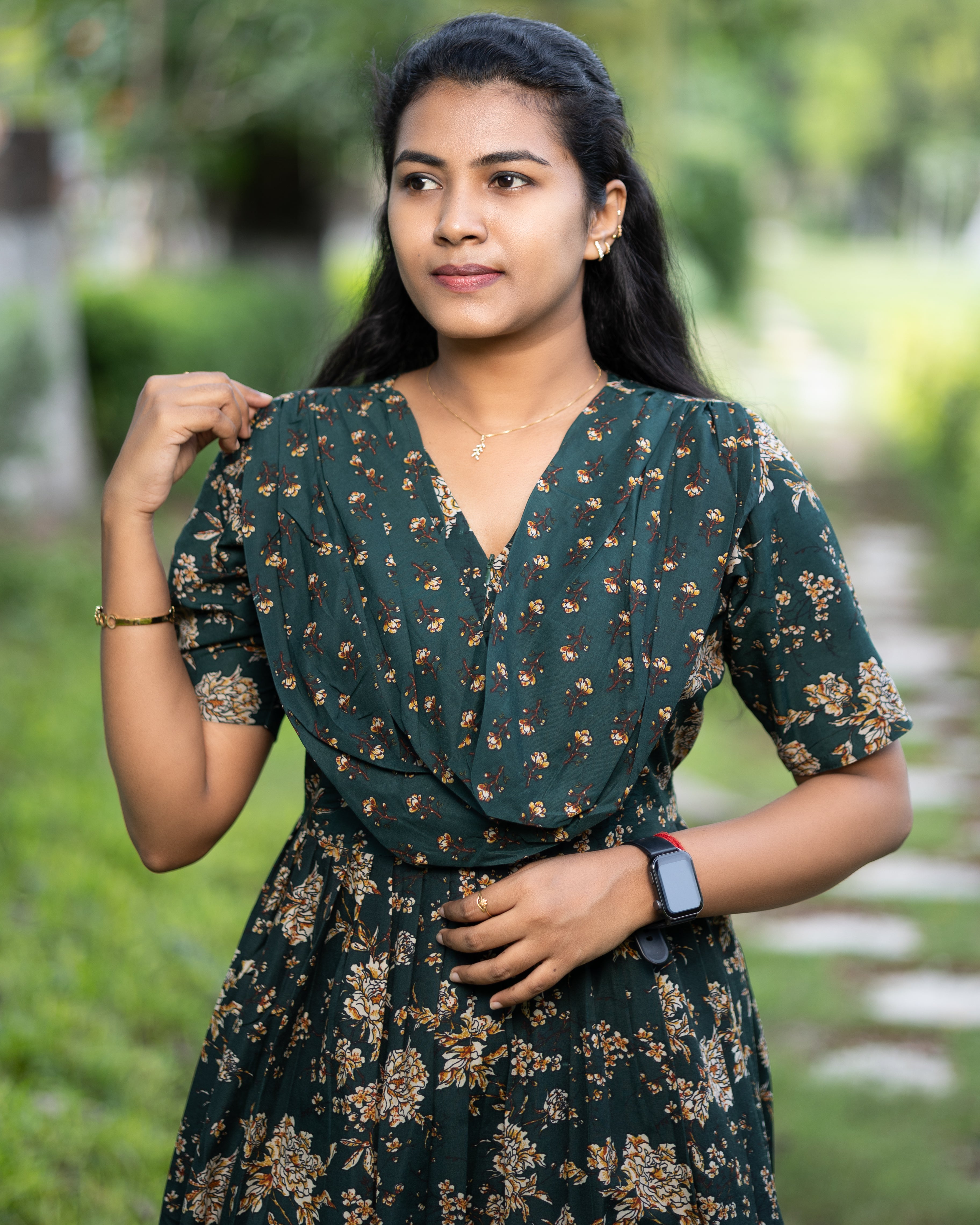 Feeding Maxi Style Nighty with Dupatta attached - Green  Mayaval