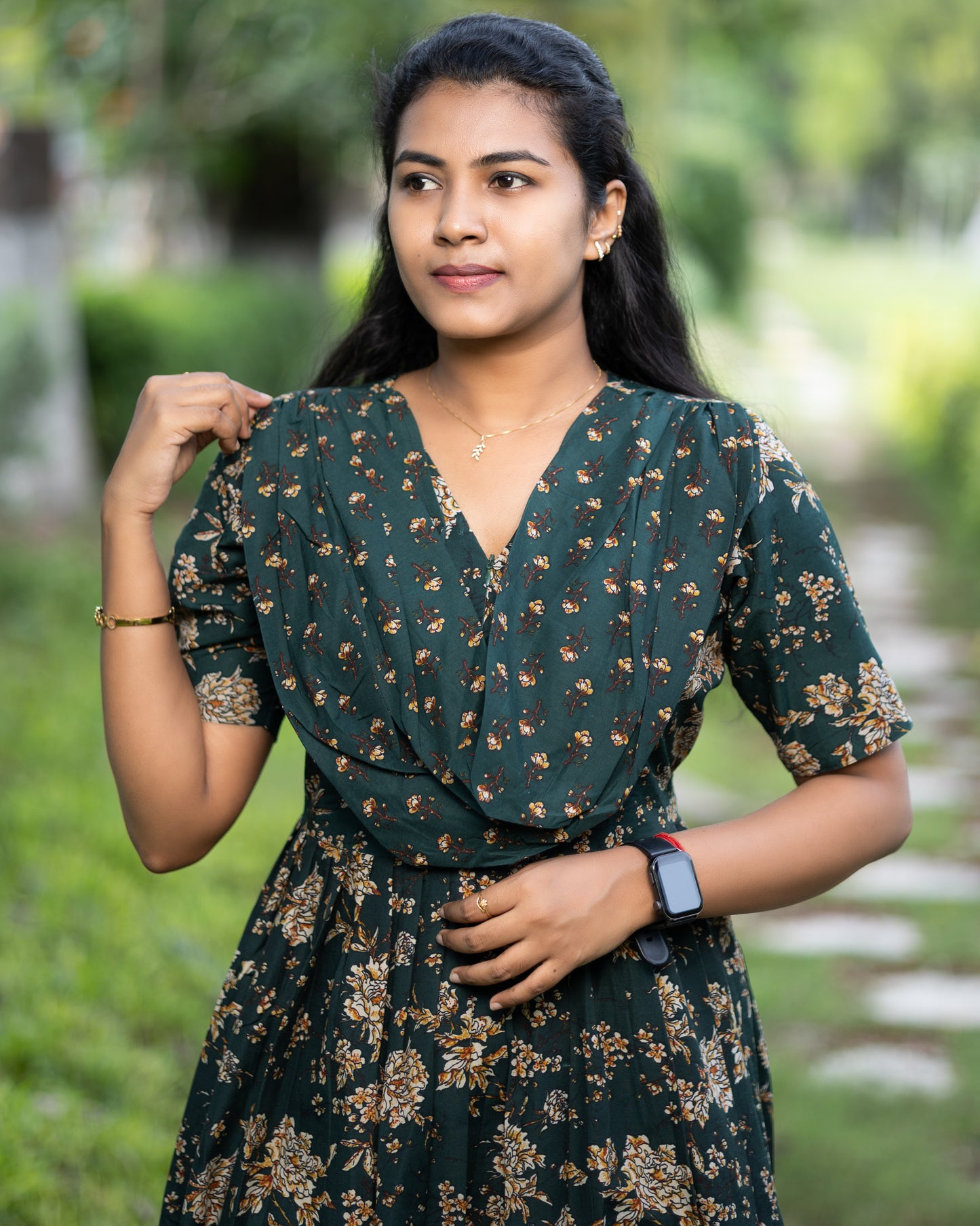 Feeding Maxi Style Nighty with Dupatta attached - Green