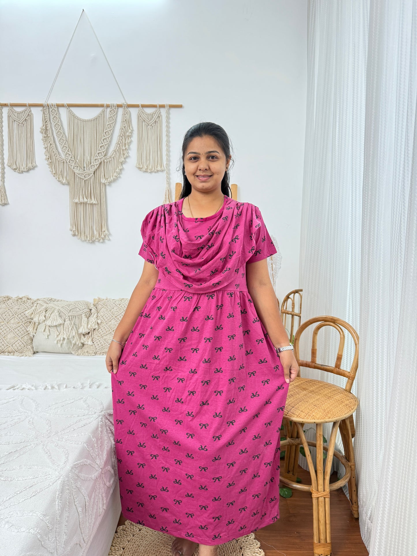 Zipless Feeding Maternity Gown with Attached Dupatta | Bow Print | Rani Pink