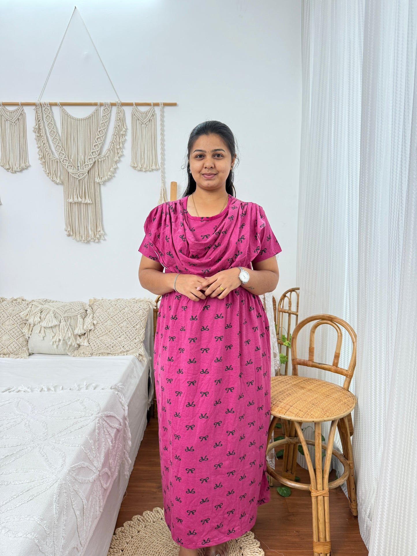 Zipless Feeding Maternity Gown with Attached Dupatta | Bow Print | Rani Pink