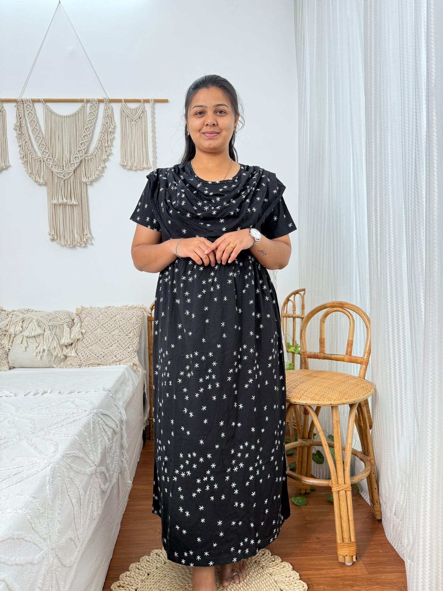 Zipless Feeding Maternity Gown with Attached Dupatta | Star Print | Black