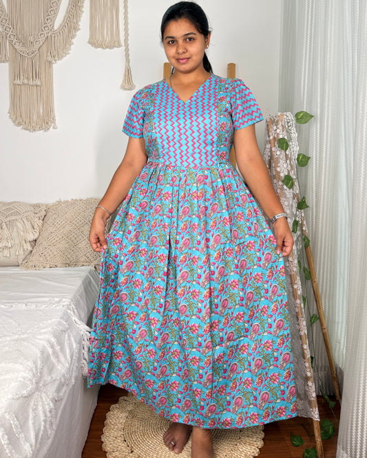 Feeding Women's Maxi Nighty – Full-Length Nightwear (Sky blue)