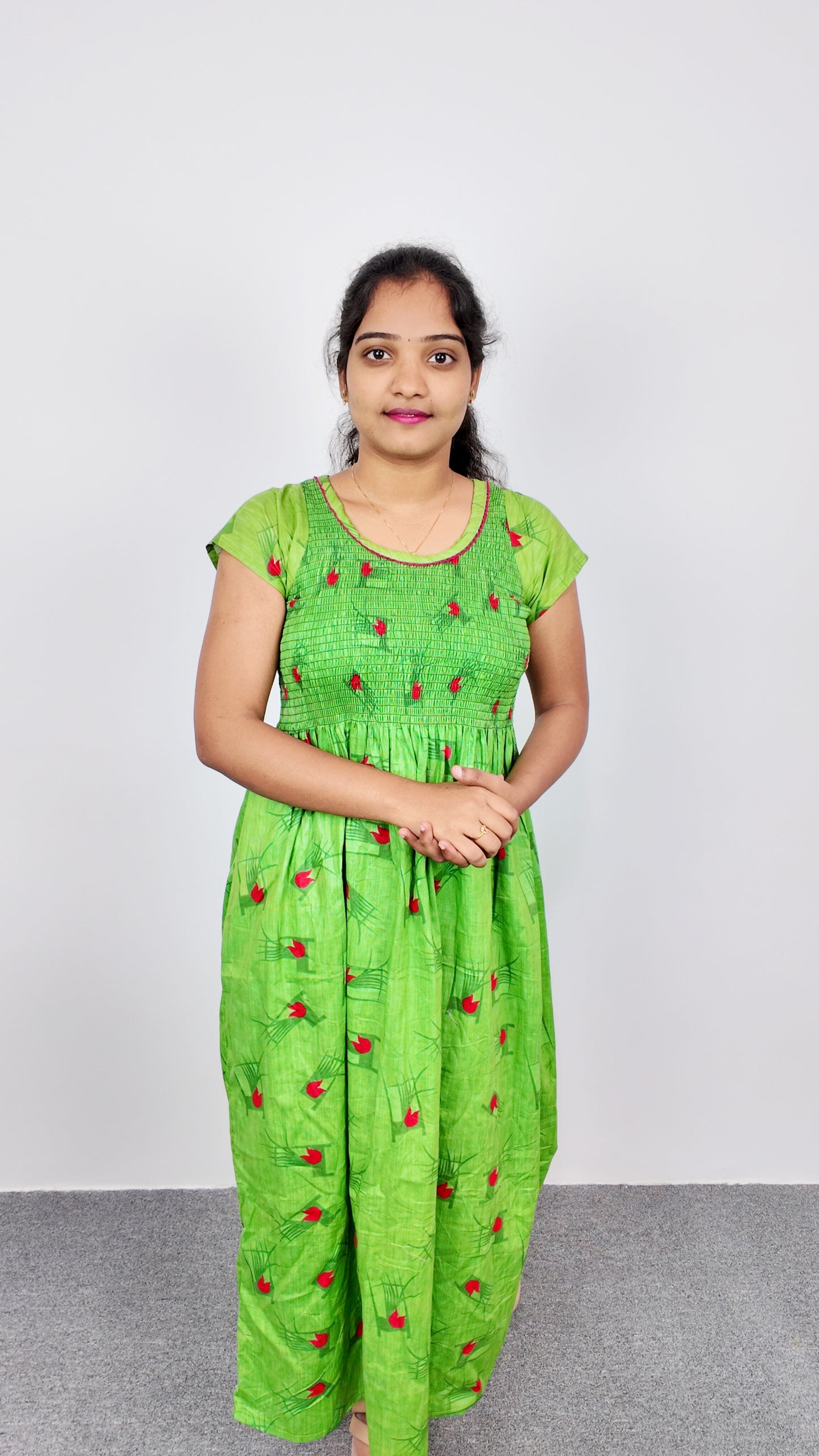 Parrot Green Floral Print Smoky Nighty for Women