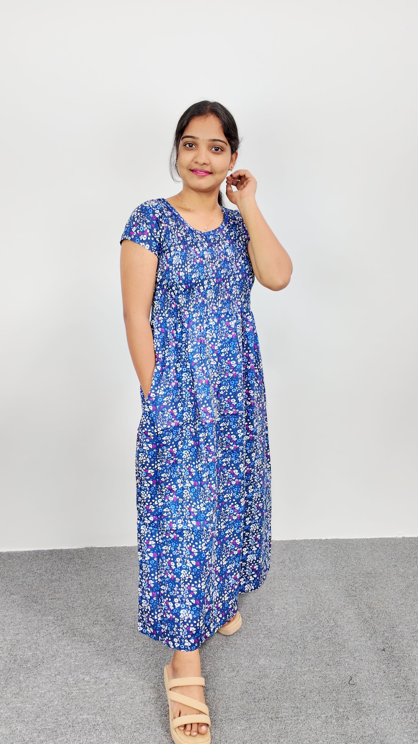 Navy Blue Floral Print Smoky Nighty for Women